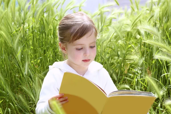 Little blond girl reading book green spikes garden
