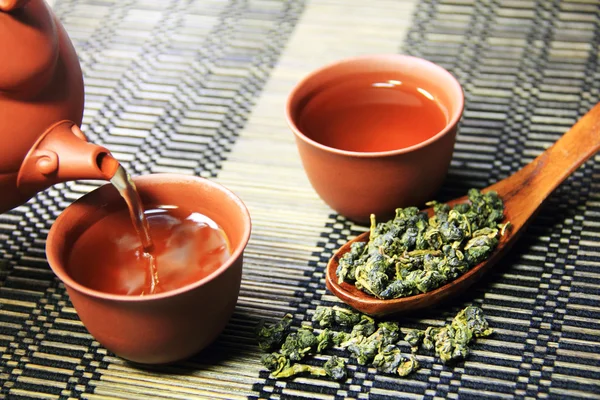Chinese tea and leaf on bamboo mat