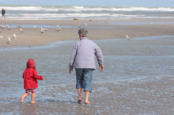 Grandmother and granddaughter walking on the beach with feet in water