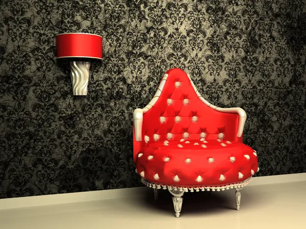 Armchair with lamp in interior with pattern wallpaper