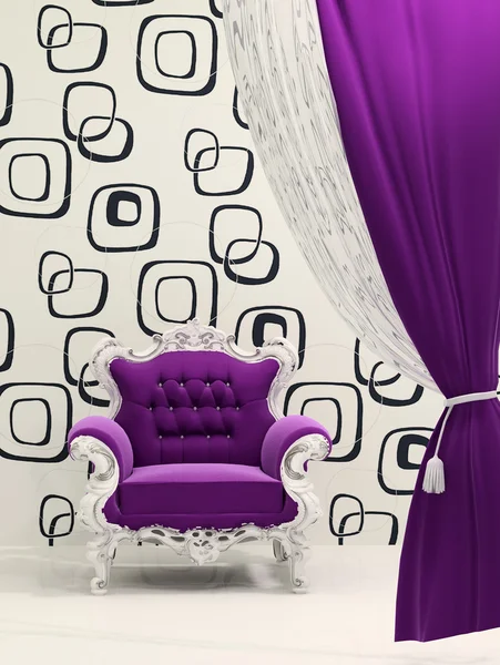 Royal armchair with curtain isolated on ornament wallpaper