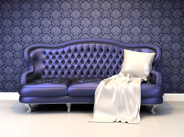 Luxurious leather sofa with covering in interior with ornament