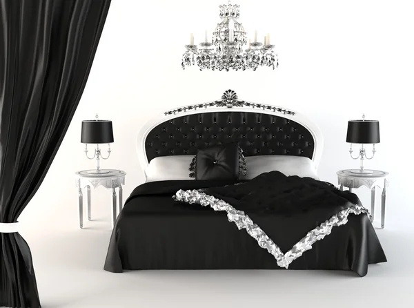Modern bedroom and royal furniture. chandelier. Opened curtain