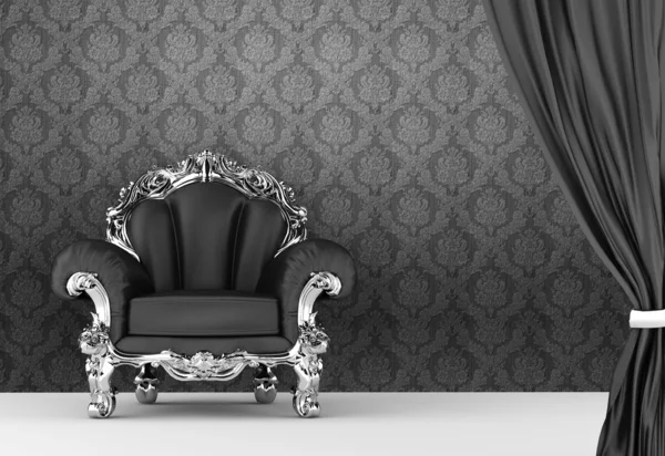 Opened curtain with baroque armchair on wallpaper background. I