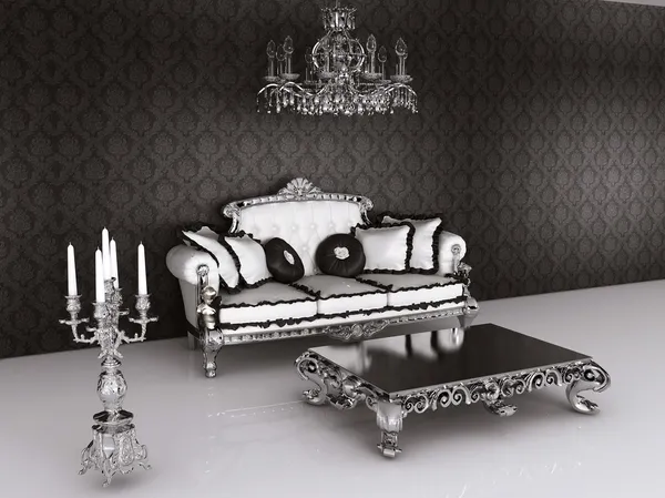 Royal furniture in Baroque interior. Sofa with pillows and table
