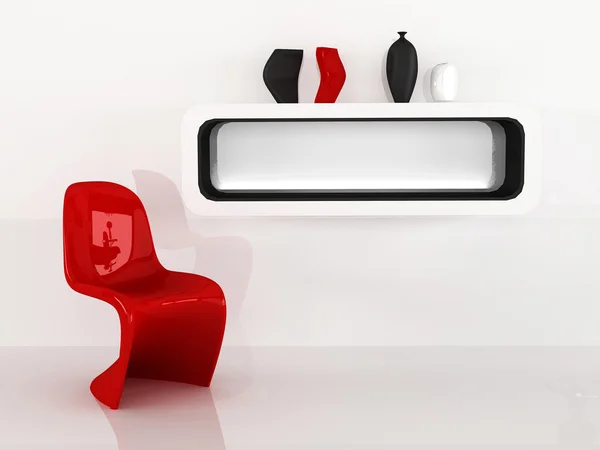 Chair and shelf with vases in minimalism interior. Red Black Whi