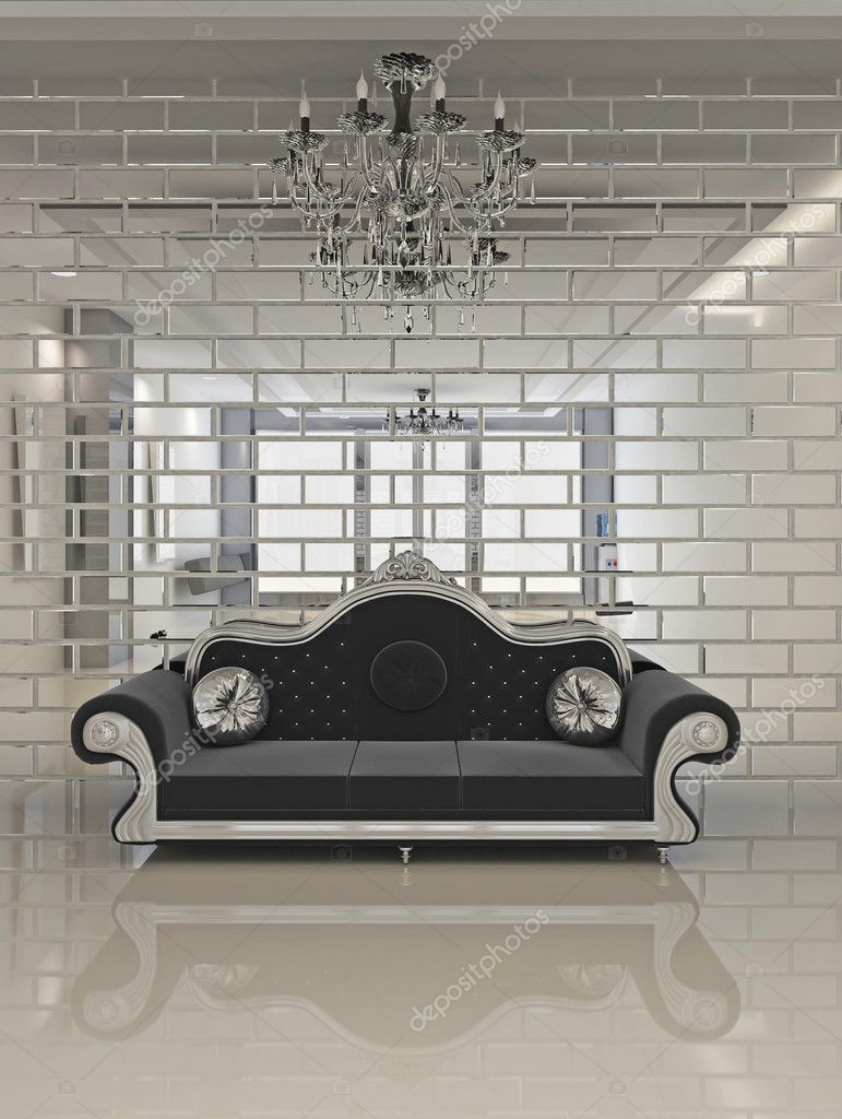 Moderne schwarze sofa im royal interieur wohnung raum — stockfoto ...