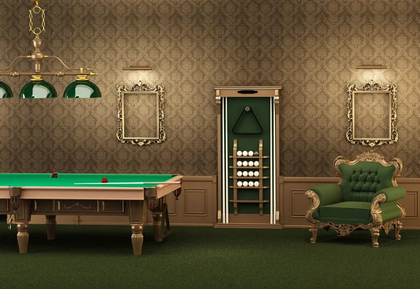 Billiards. pool table and furniture in luxurious interior. Empty