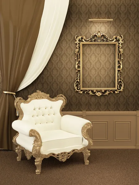 Armchair with frame in royal apartment interior. Luxurious Furni