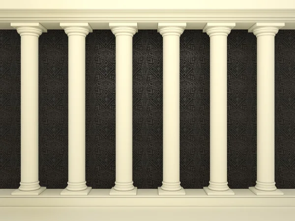 Series of classical columns on the background of the black wall with patter