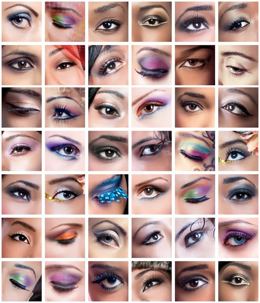 Collection of female eyes images with creative makeup, differen