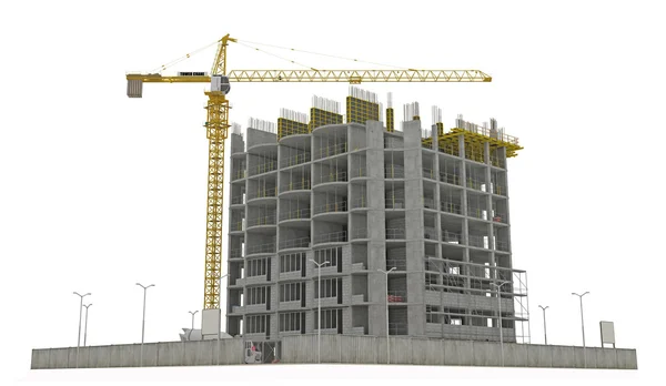 Worksite: unfinished building and tower crane isolated