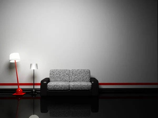 Interior design scene with a sofa and two floor lamps