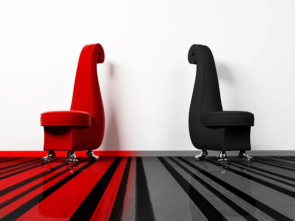 Interior design scene with the red and black armchairs