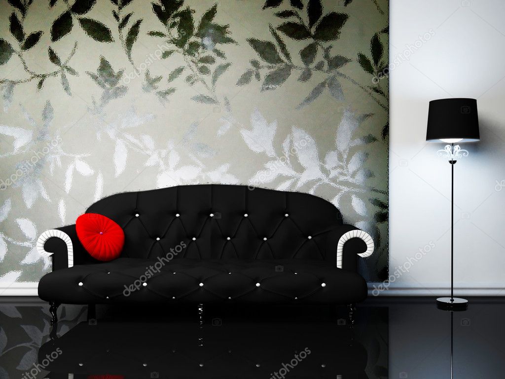 Modern inredning av vardagsrum med en svart soffa och en f ...