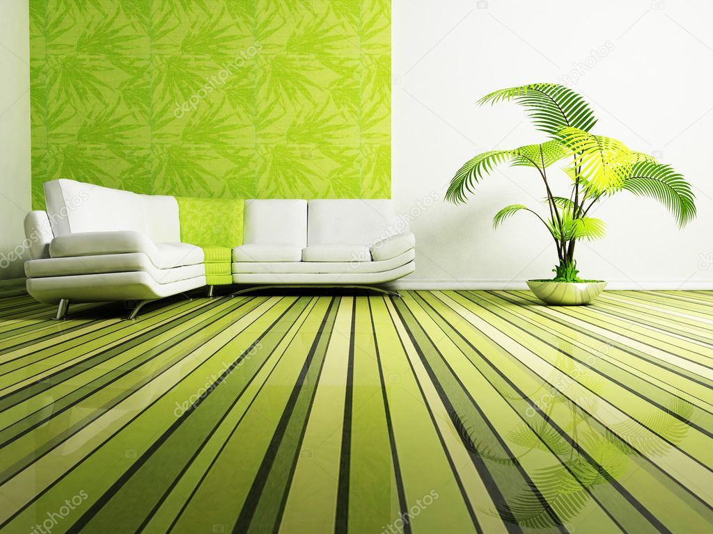 Moderne interieur van woonkamer met een slaapbank en een plant ...