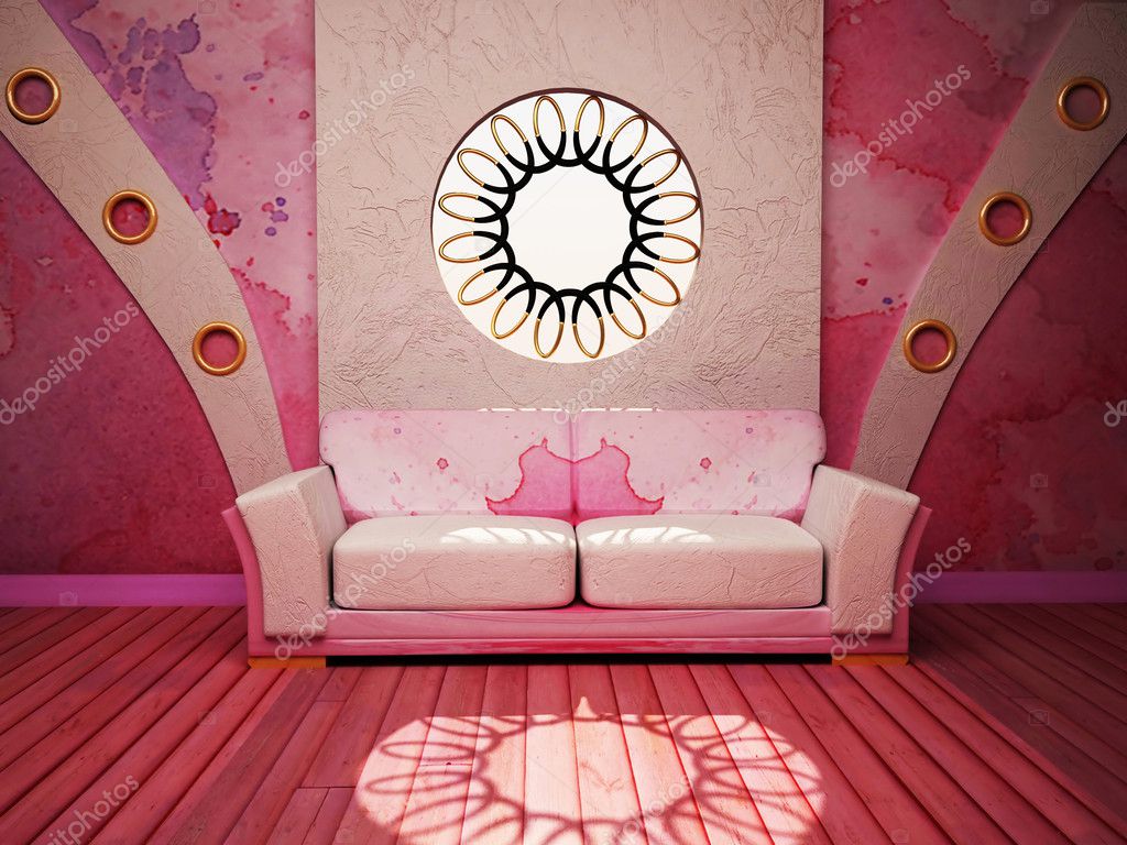 Modern inredning av vardagsrum med en rosa soffa och en w ...