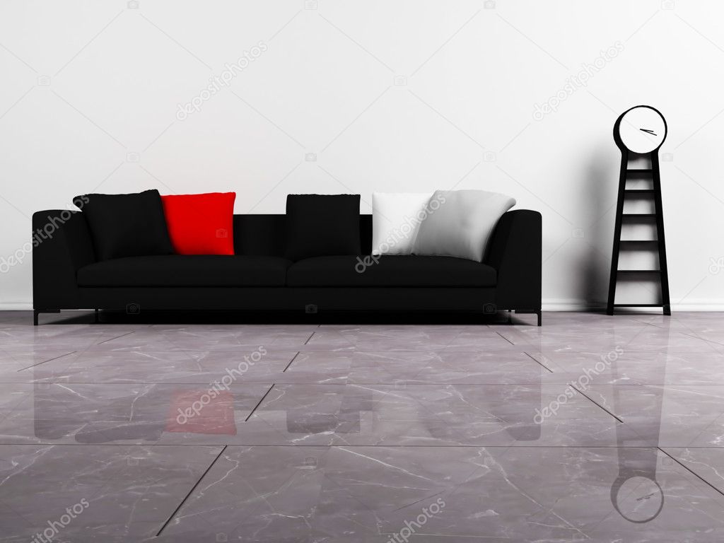 Modern interieur met een zwarte bank en een klok — stockfoto ... Slaapkamer ontwerp