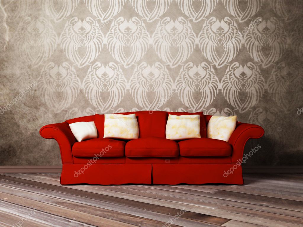 Modern inredning av vardagsrum med en röd soffa — stockfotografi ...