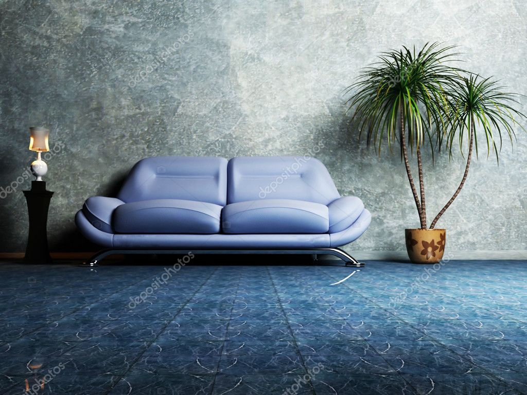 Modern inredning av vardagsrum med en blÃ¥ soffa — stockfotografi ...