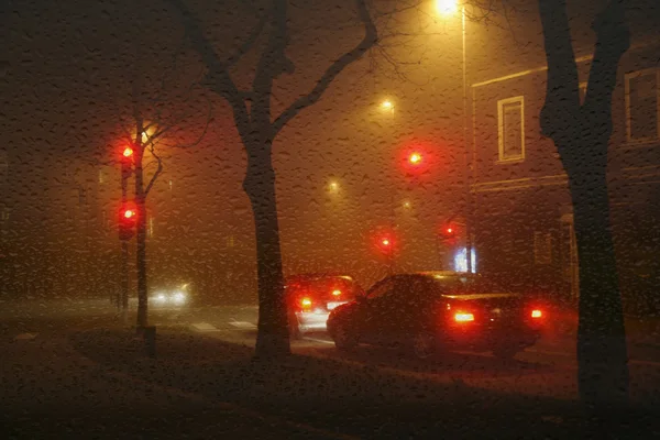 Wet foggy night in city