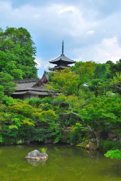 Japanese garden with temple pagoda