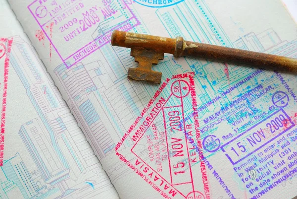Key on passport full of stamps