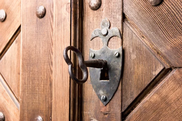 Old key in wooden door