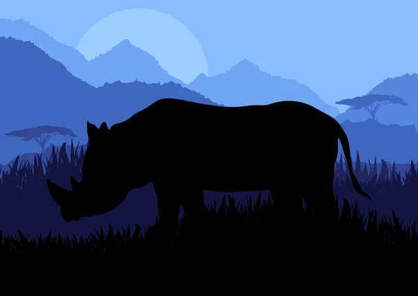 Animated rhino in wild nature landscape illustration