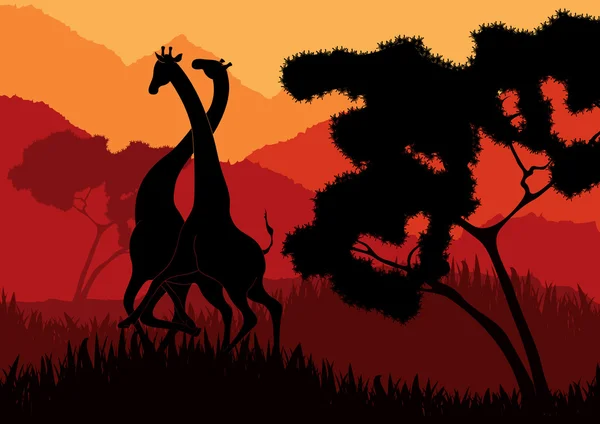 Romantic giraffe couple running in wild nature landscape illustration