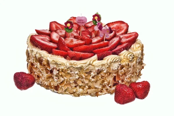 Strawberry almond birthday cake with four childish candles, isol