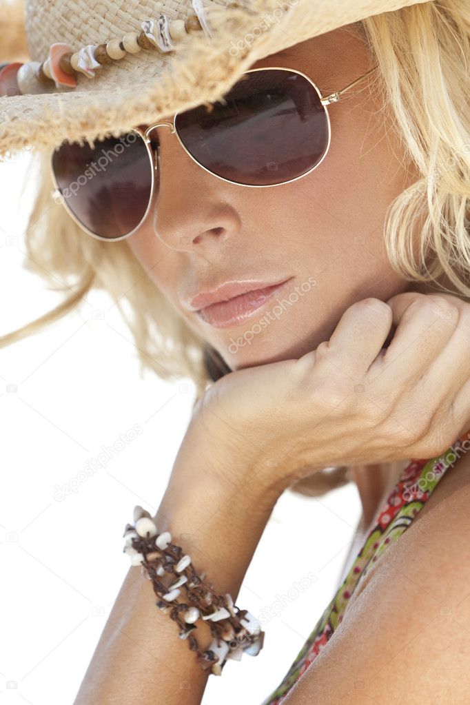 Sexy Blond Girl In Aviator Sunglasses And Straw Cowboy Hat Stock