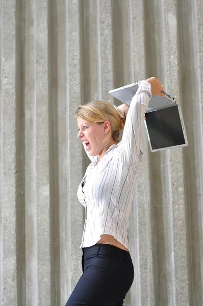 Corporate Female Executive smashing notebook