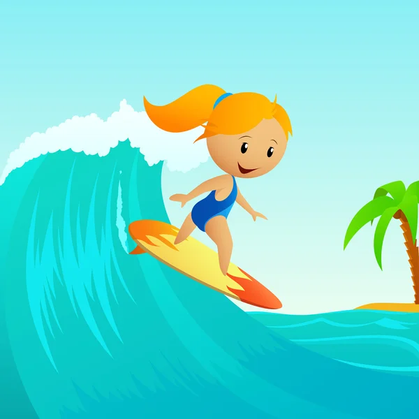 Cartoon cute little girl surfing on waves