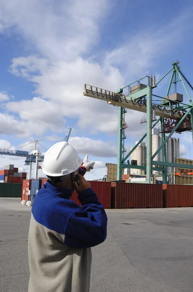 Dock worker directing container crane