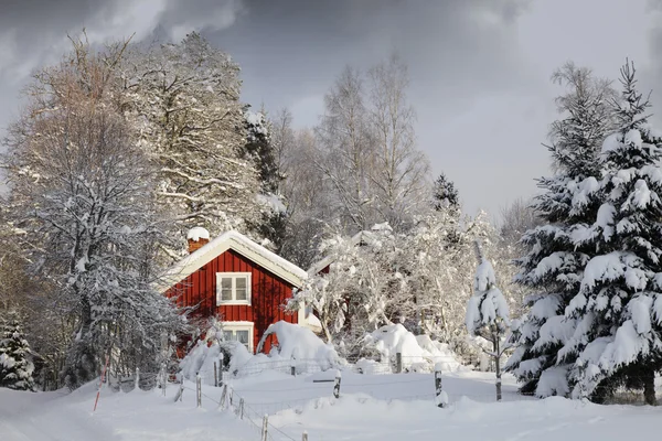 Red cottage, snowy winter and ice