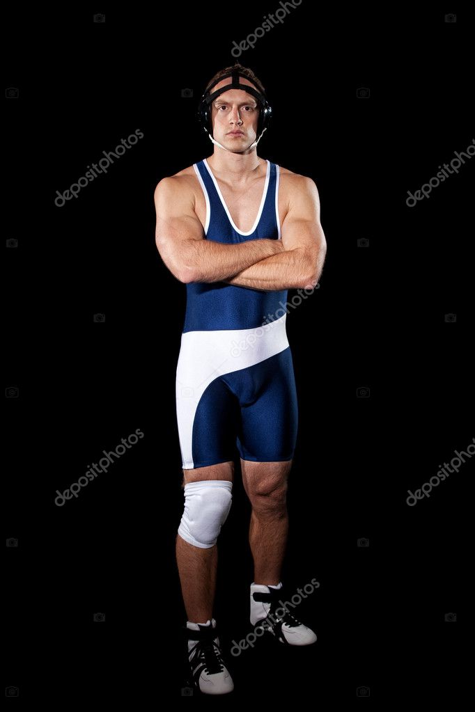 Wrestler in a blue singlet. Studio shot over black. — Stock Photo © nickp37 6527775