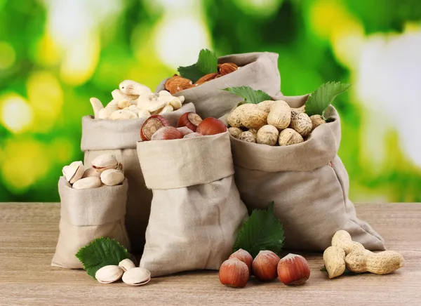 Variety of nuts in bags on green background