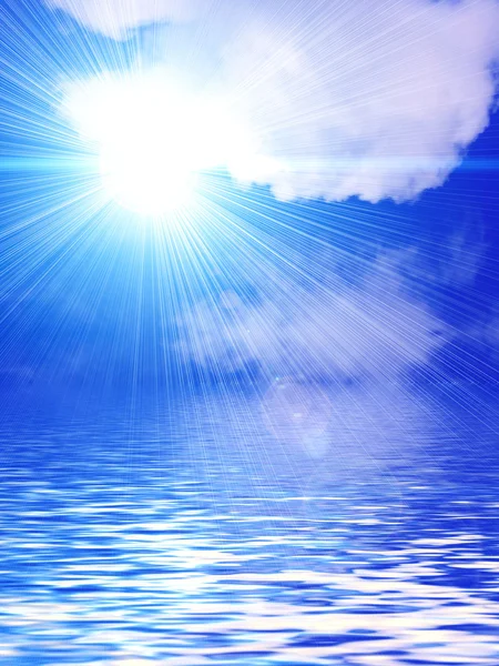 Achtergrond met witte wolken, zon, lucht en water — Stockfoto
