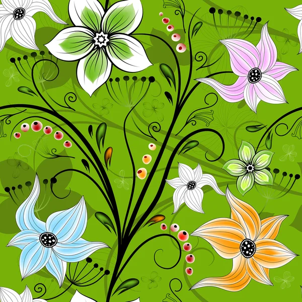 Antika illustrationシームレスな緑の花の壁紙 — ストックベクタ