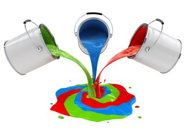 Color paint pouring from buckets and mixing clipart