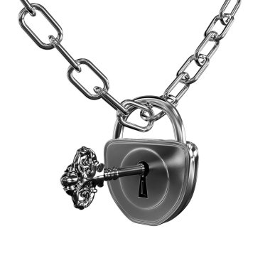 Silver lock with key and chain isolated clipart