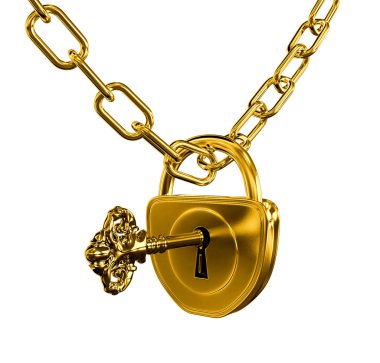 Gold lock with key and chain isolated clipart