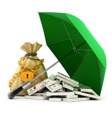 Green umbrella protecting money from rain clipart