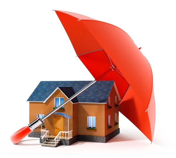 Guarda-chuva vermelho, protegendo a casa da chuva — Fotografia de Stock