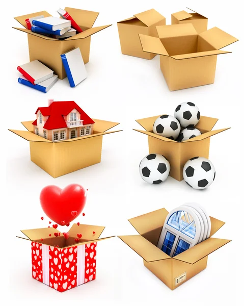 Casa nova, coração, janela, livros e bolas na caixa — Fotografia de Stock
