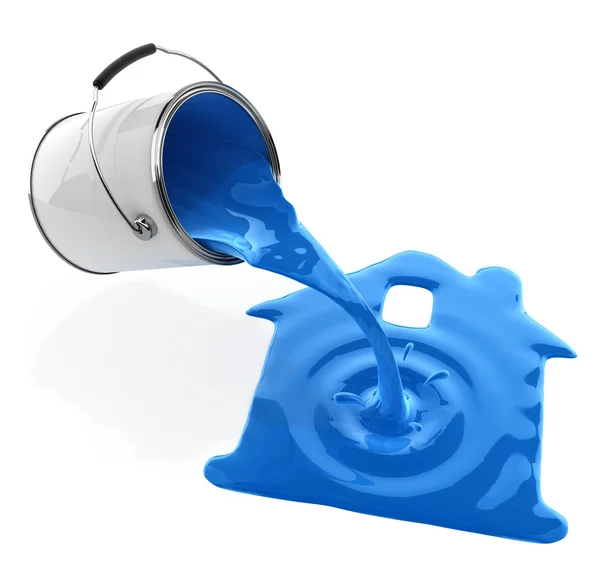 Blue paint pouring from bucket in house silhouette — Stock Photo, Image