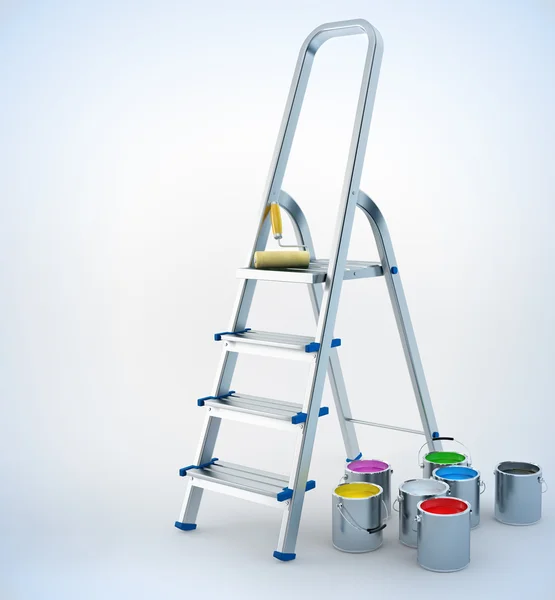 Металлическая лестница и краска для ремонтных работ — стоковое фото