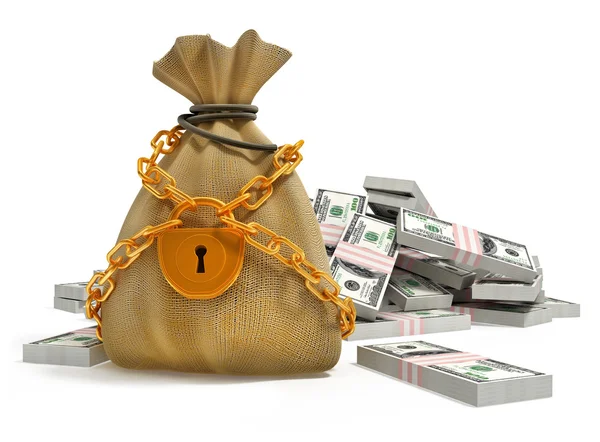 Money bag with gold lock and dollar packs — Stock Photo, Image