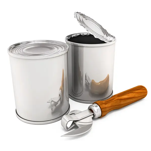 Opened and closed cans with opening tool isolated — Stock Photo, Image